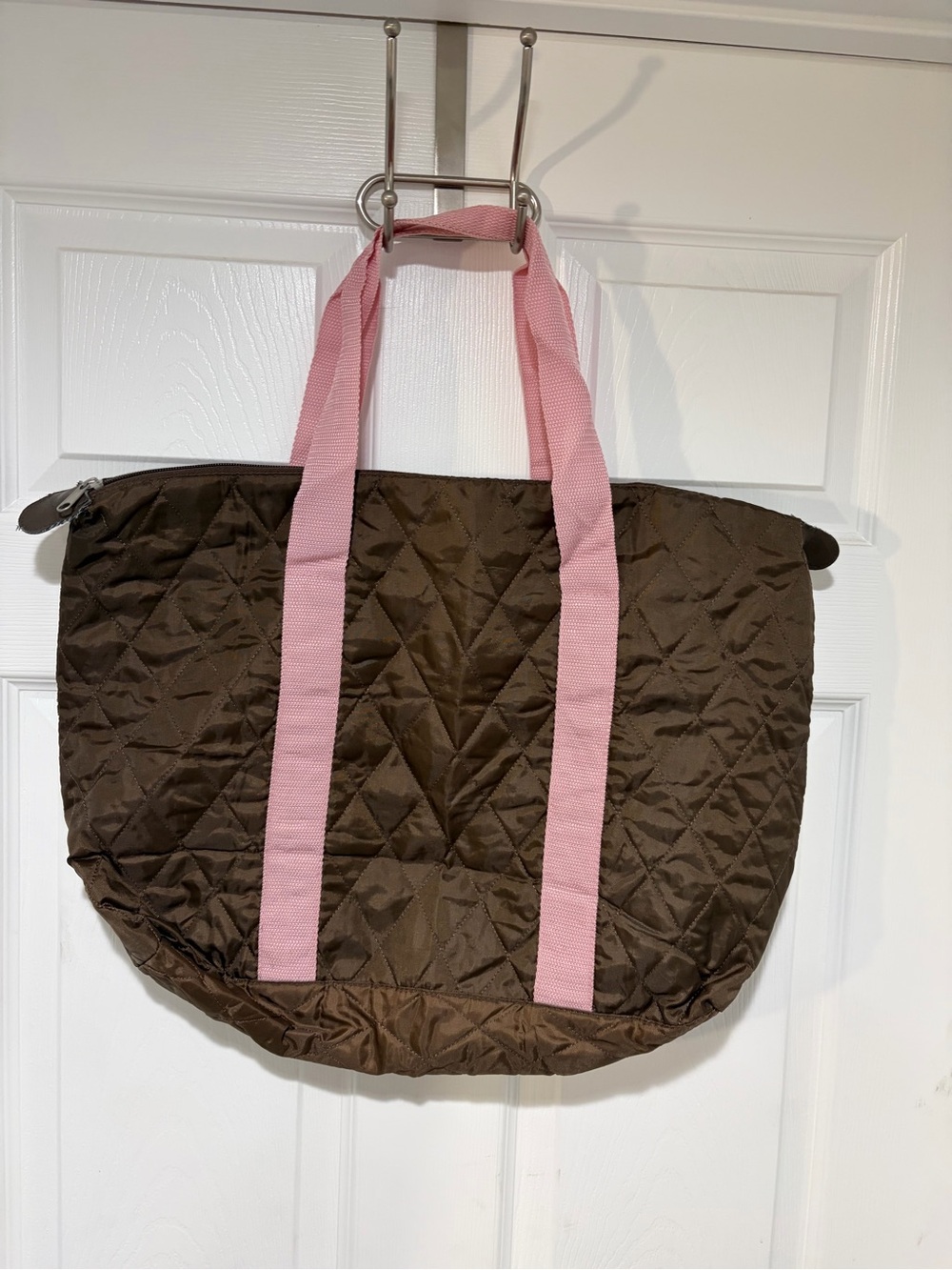 Small Quilted Brown Duffle Bag with Pink Straps